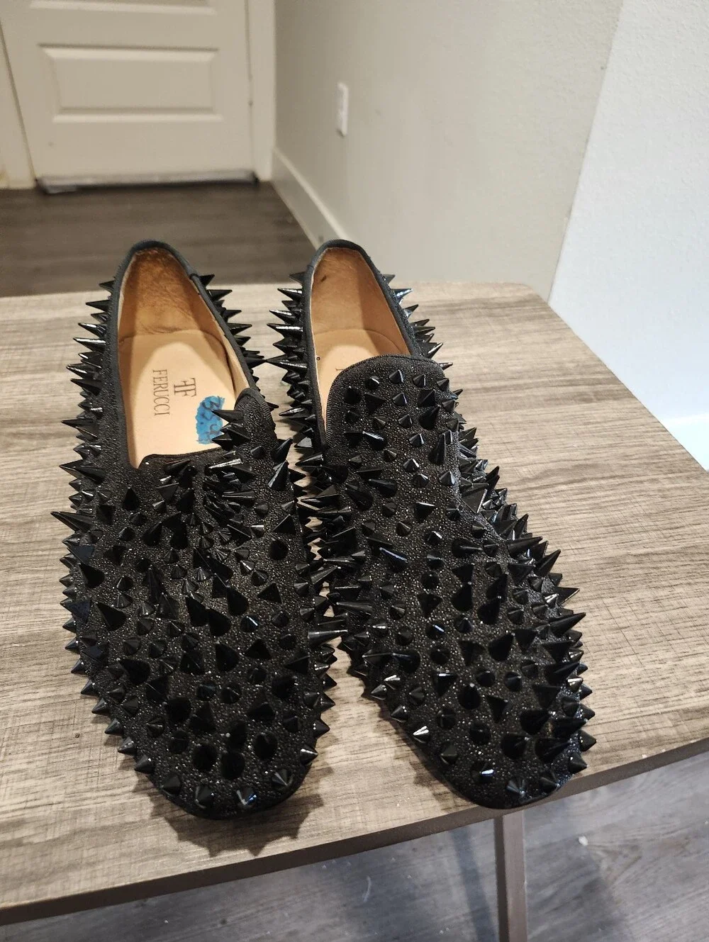 Men FERUCCI Black Spikes Slippers Loafers Flat With Black Crystal GZ Rivet Prom